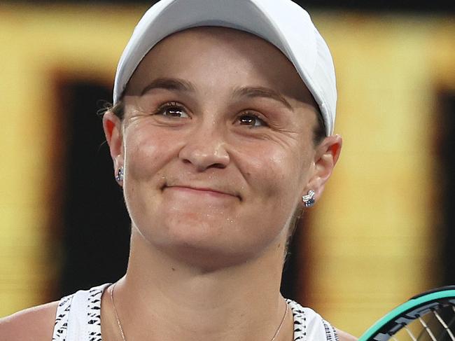 MELBOURNE.  25/01/2022. Australian Open Tennis.  Day 9. Ash Barty vs Jessica Pegula on Rod Laver Arena.   Ash Barty after winning in straight sets.  Photo by Michael Klein