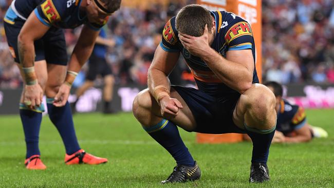 Jai Arrow (right) says it all after the loss to Cronulla. Image: Dave Hunt/ AAP