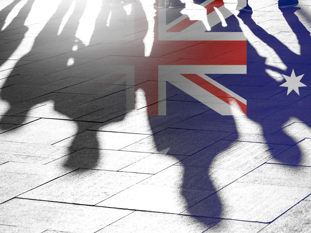 Australian Flag as Background and Silhouettes of People - conceptual Picture about Independence Vote Patriotism political situation and Migrants