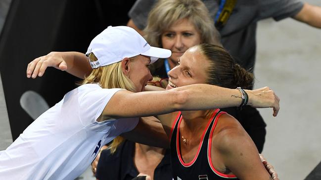 Karolina Pliskova hugs coach Rennae Stubbs. Picture: AAP