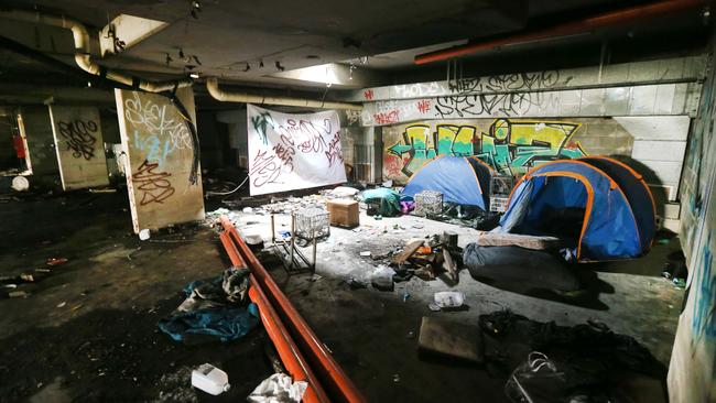 Homeless lair that is an old underground carpark in the basment of an abandoned building on corner of Markwell Ave and Gold coast high way. Picture Mike Batterham