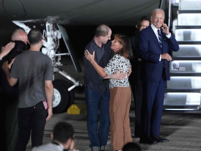 Evan Gershkovich greets his mother Ella Milman after he arrived back in the United States, as part of a prisoner exchange deal with Russia. Picture: AFP