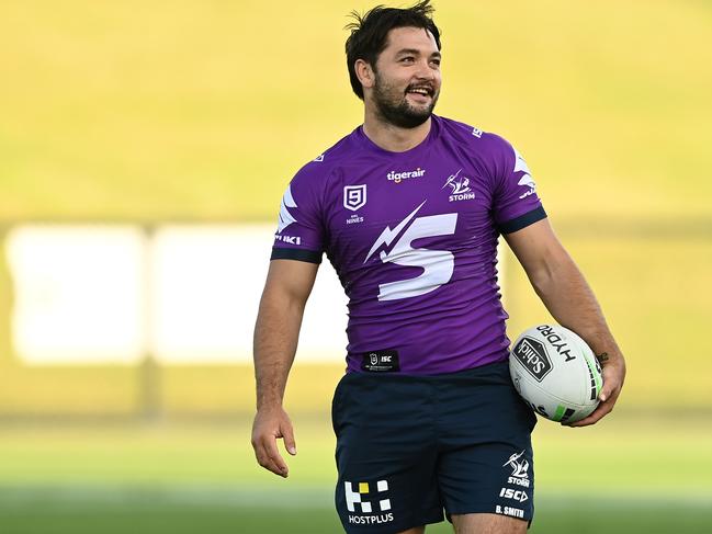 SUNSHINE COAST, AUSTRALIA - OCTOBER 08: Brandon Smith of the Storm looks on during a Melbourne Storm NRL training session at Sunshine Coast Stadium on October 08, 2020 in Sunshine Coast, Australia. (Photo by Quinn Rooney/Getty Images)