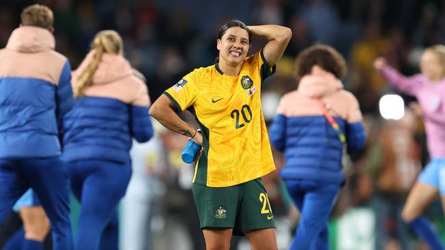 Sam Kerr looks dejected after the team's 1-3 defeat and elimination from the tournament. Picture: Brendon Thorne/Getty Images