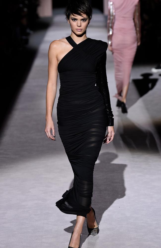 Kendall Jenner debuted a pixie cut on the runway at Tom Ford. Picture: Splash