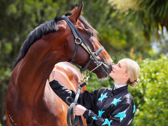 AUS OUT WARNING - EMBARGO SUNDAY 3RD NOV 6AM DO NOT PUBLISH  Jamie Kah with Racehorse Okita Sushi at Ciaron Maher Racing in Cranbourne. Picture Rebecca Michael.