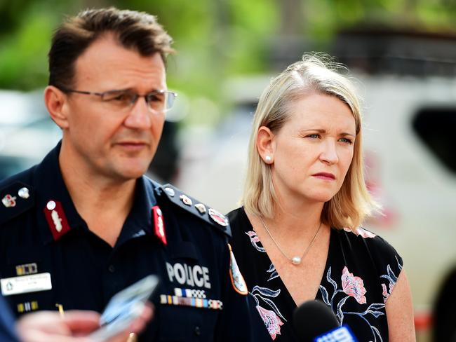 Acting NT Chief Minister Nicole Manison listens as NT Police Commissioner Reece Kershaw addresses the media. Picture: Justin Kennedy