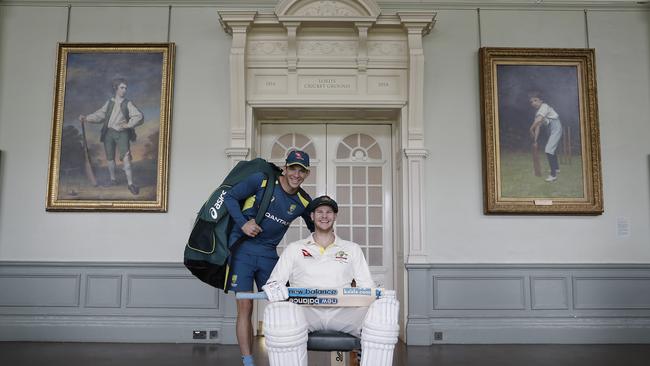 LONDON, ENGLAND - AUGUST 12: Australian Cricketer Steve Smith poses with Australian Captain Tim Paine in the Long Room at Lord's Cricket Ground on August 12, 2019 in London, England. (Photo by Ryan Pierse/Getty Images)