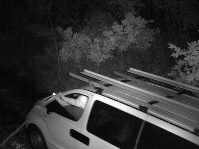 3.27am June 26: The white van drives past the council camera on the way into bushland. Picture: Police Media