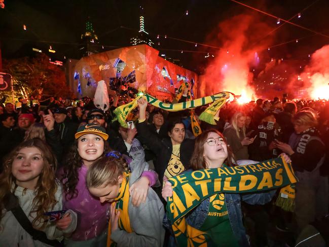 FIFA WomenÃs World Cup.Matilda fans at Federation Square for the Quarter Final between Australia and France. Fans celebrate as Australia wins in a penalty shootout. Picture: Ian Currie