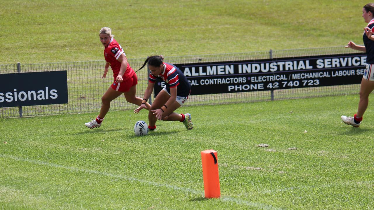 Ashley Ketu'u scores for the Sydney Roosters Tarsha Gale Cup side. Picture: Kevin Merrigan