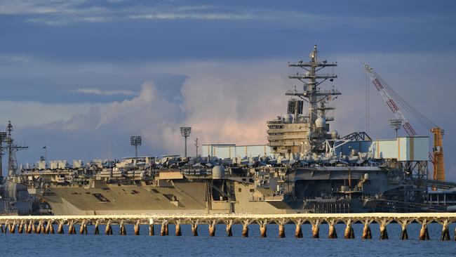 The USS Ronald Reagan is seen docked at the Port of Brisbane in Brisbane on Monday. Picture: Dan Peled/AAP