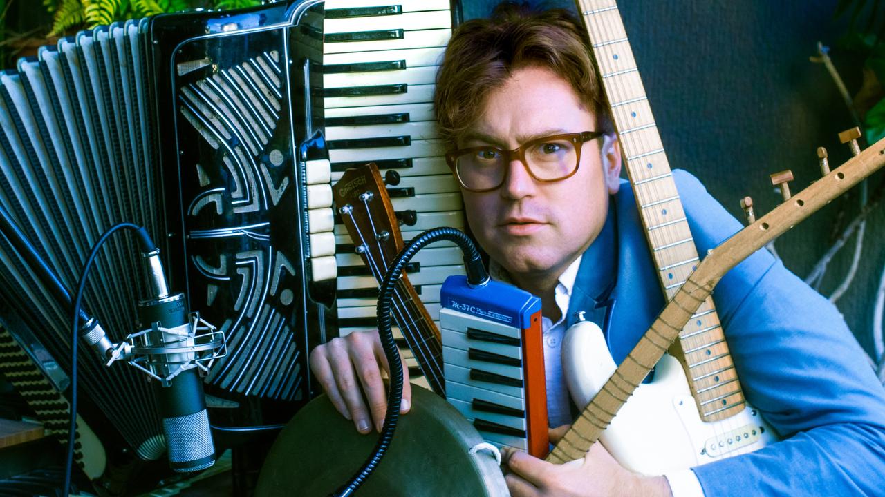 Mad musical scientist Joff Bush with his instrument treasures. Picture: Supplied