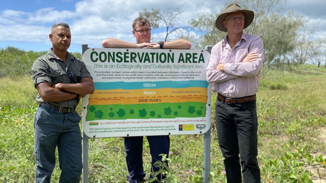 Officer in Charge of South Kolan Police Matt Swan, traditional owner Everett Johnson and Bundaberg Sugar general manager of farms Simon Doyle said it was frustrating to see people trespassing, stealing and even cutting trees on the private property.