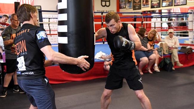 Jeff Horn hits the bag during a training session on June 5.