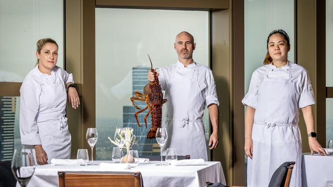 Ritz-Carlton Melbourne's executive chef Michael Greenlaw is joined by chefs Sarah Cremona (Laura, Pt Leo Restaurant) and Kay-Lene Tan (ex-Coda). Picture: Jake Nowakowski