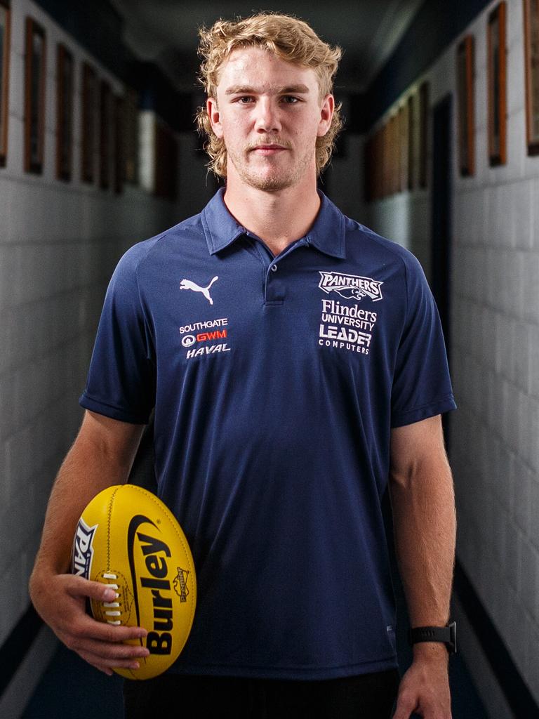 Horne-Francis pictured in his old South Adelaide Football Club change rooms ahead last year’s draft. Picture Matt Turner.