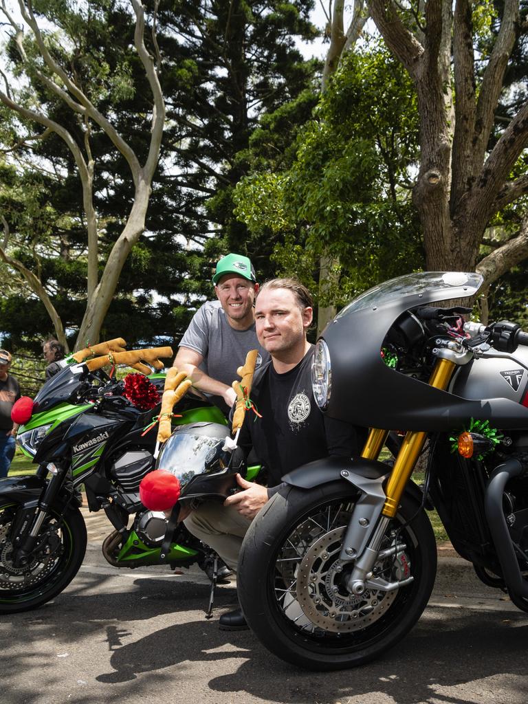 Justin Kirkegaard (left) and Rohan Meredith of Darling Downs Riders are ready for the Toowoomba Toy Run hosted by Downs Motorcycle Sporting Club, Sunday, December 18, 2022.