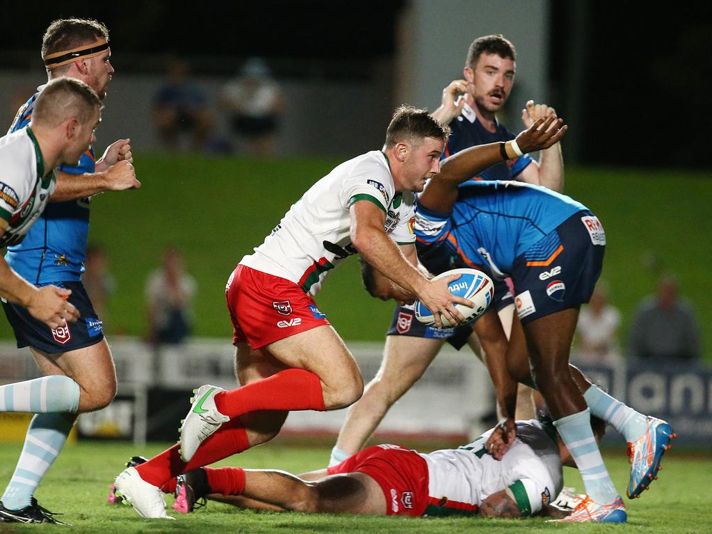 Seagulls' Jack Campagnolo goes on a strong run in the QRL ISC rugby league match between the Northern Pride and the Wynnum Manly Seagulls, held at Barlow Park. Picture: Brendan Radke