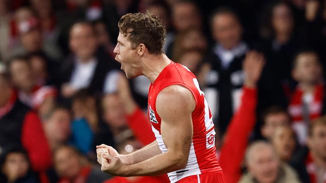 SYDNEY, AUSTRALIA - AUGUST 09: Luke Parker of the Swans celebrates a goal during the 2024 AFL Round 22 match between the Sydney Swans and the Collingwood Magpies at The Sydney Cricket Ground on August 09, 2024 in Sydney, Australia. (Photo by Michael Willson/AFL Photos via Getty Images)