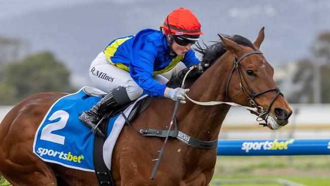 Rochelle Milnes steers Favourite Child to victory at Morphettville Parks on Saturday. Picture: Makoto Kaneko