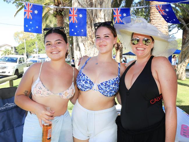 Celebrating Australia Day at Tallebudgera Creek were Jasmine Kama, Lola Harpley and Natalie Volep from the Gold Coast Photo: Scott Powick