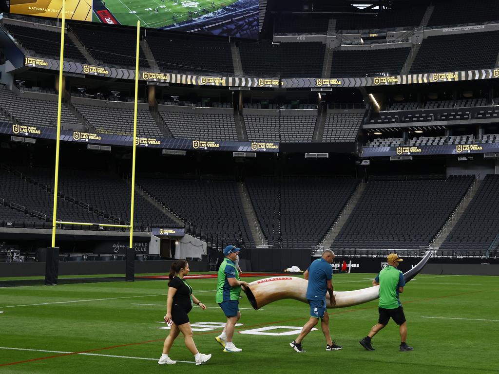 The Raiders Viking Horn is brought out for a test run at Allegiant Stadium in Las Vegas. Picture: Jonathan Ng