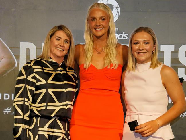 Australia Diamond debutants Rudi Ellis and Georgie Horjus with Stacey Marinkovich at the 2024 Netball Australia awards. Picture: Asanka Ratnayake/Getty Images for Netball Australia