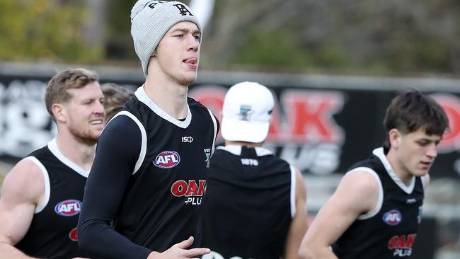 Port Adelaide’s Todd Marshall trains at Alberton Oval. Picture: Sarah Reed