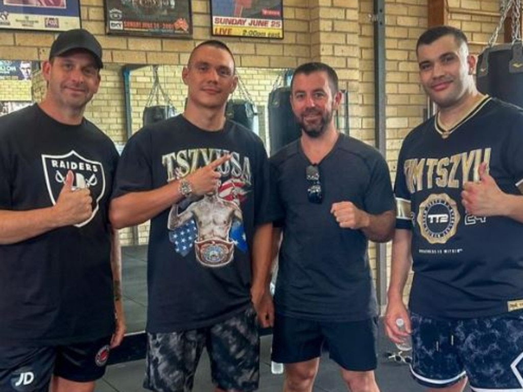 Gambin (L), with Tim Tszyu, trainer Dave Barker and chef Omar Iferd. Picture: Supplied/Instagram