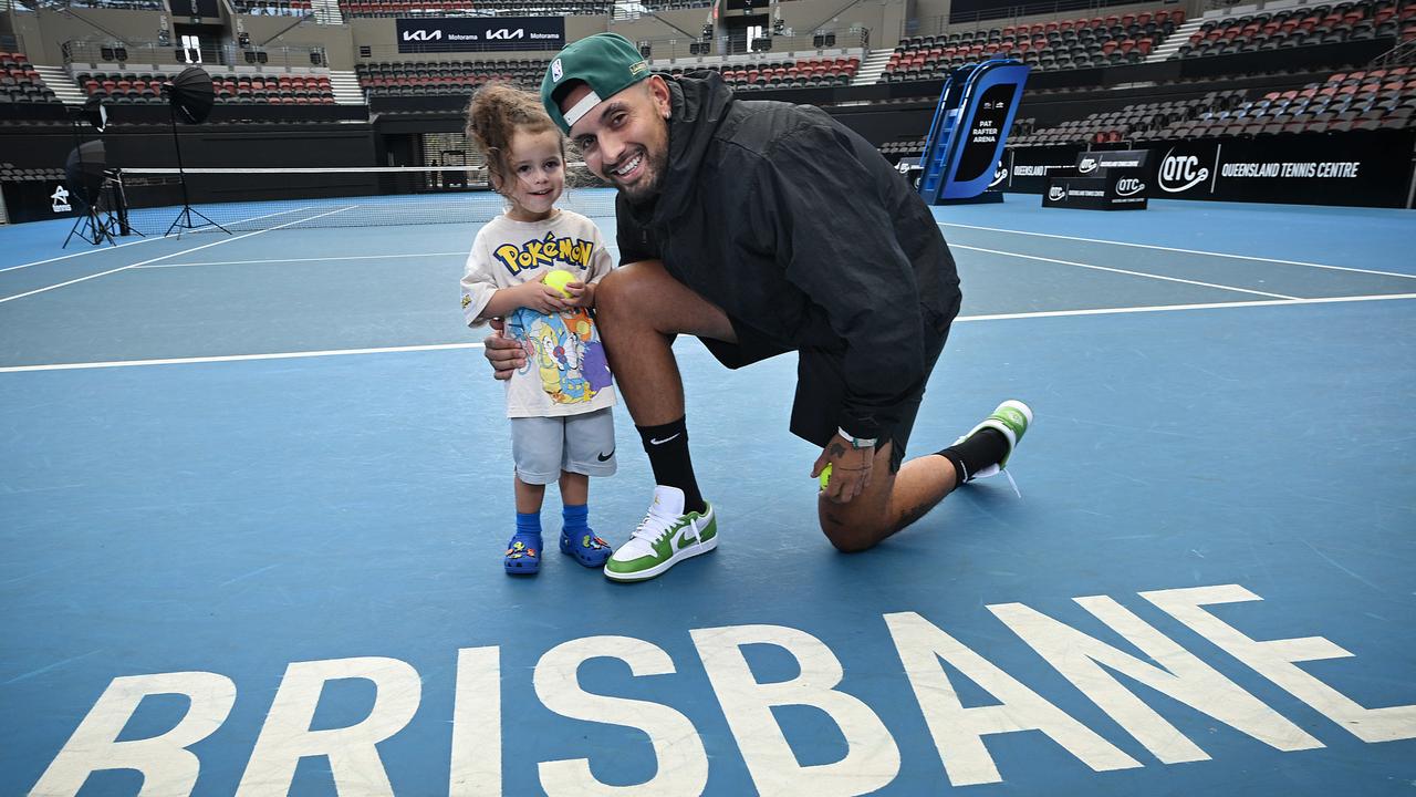 Nick Kyrgios at the Queensland Tennis Centre last month with his nephew George. Picture: Lyndon Mechielsen/Courier Mail