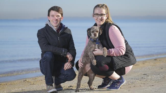 South Ward councillors David Eden and Georgina Oxley are backing the move for an off-leash area at Edithvale Beach. Pictured with dog Banjo. Picture: Wayne Taylor