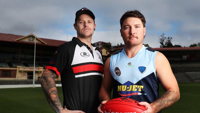 Football. SFL season begins. New Norfolk coach Tim Butterworth and Jack Gleeson of Lindisfarne Football Club who will play New Norfolk in round 1. Picture: Nikki Davis-Jones