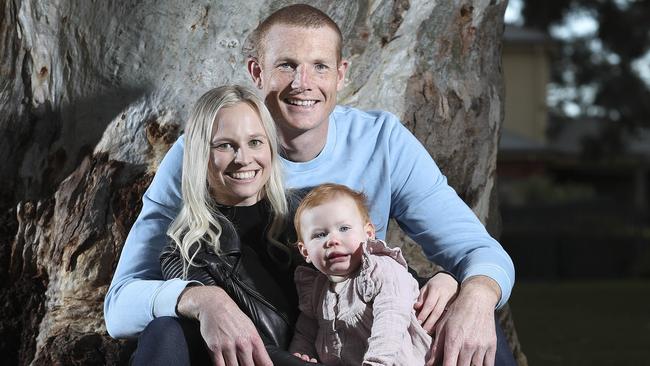 Sam Jacobs is isolating on his wife Izzy’s family farm at Arthurton with their daughter Imogen. Picture: Sarah Reed