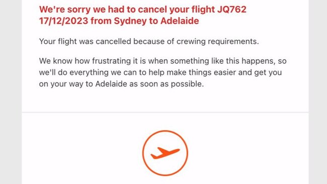 Jetstar flight to Adelaide cancelled due to crewing requirements. Picture: Supplied