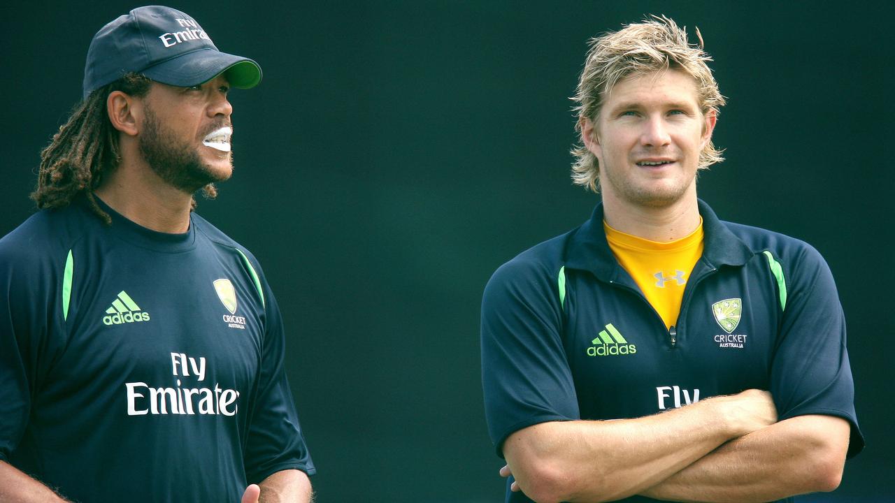 Shane Watson and Andrew Symonds during Australia training in 2007. Picture: Greg Wood