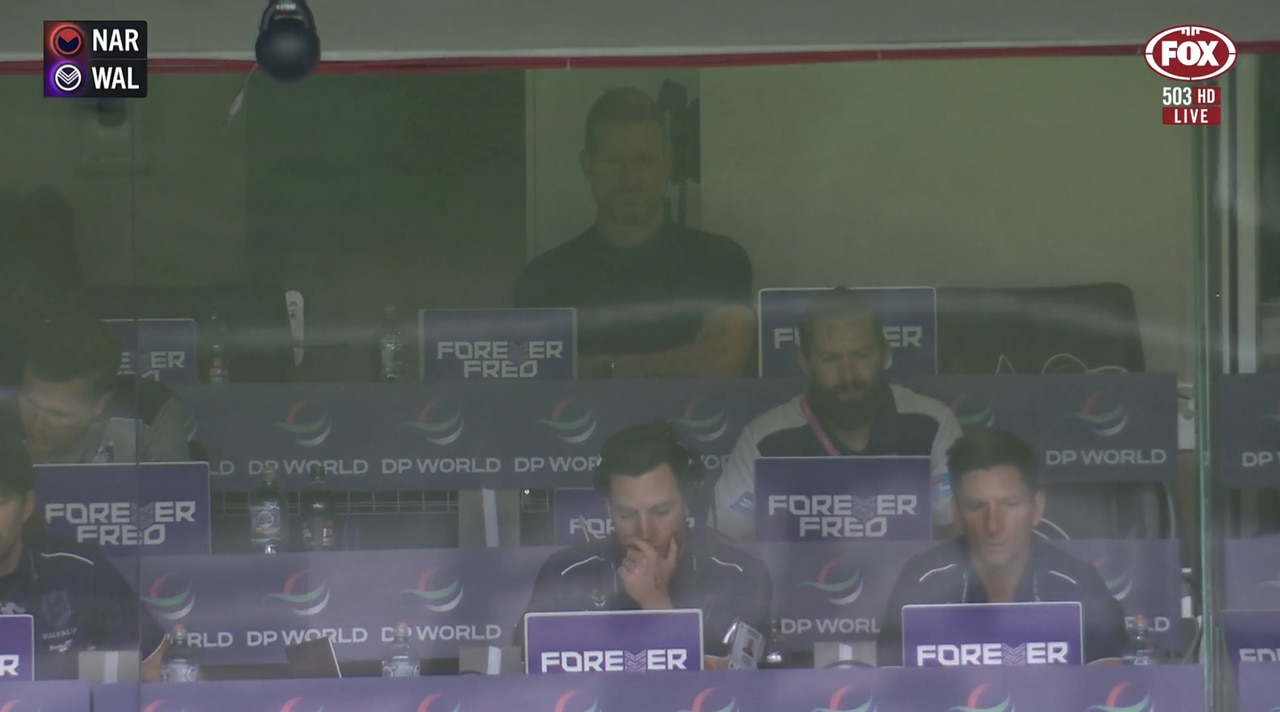 Nathan Buckley in Fremantle's coaches box on Saturday. Picture: Fox Footy