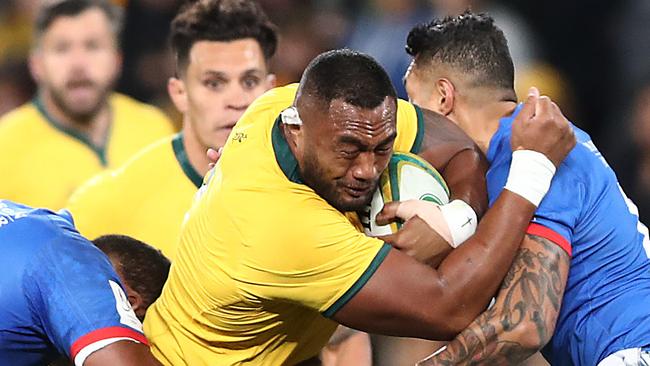 SYDNEY, AUSTRALIA - SEPTEMBER 07: Sekope Kepu of the Wallabies Is tackled during the International Test match between the Australian Wallabies and Manu Samoa at Bankwest Stadium on September 07, 2019 in Sydney, Australia. (Photo by Mark Metcalfe/Getty Images)