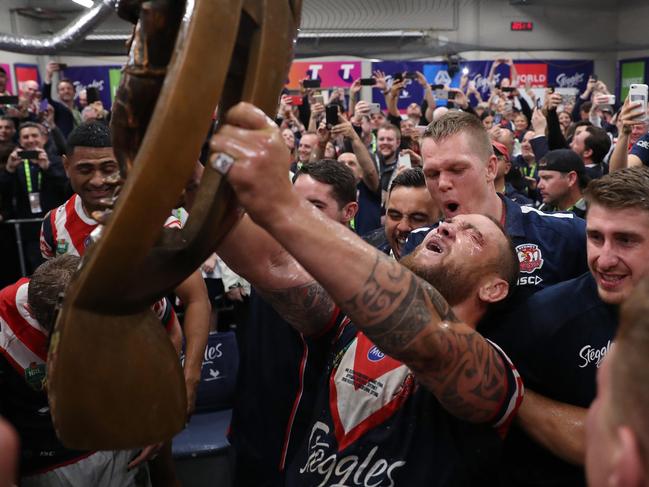 Jared Waerea-Hargreaves celebrates a 2018 grand final win. Picture: Brett Costello