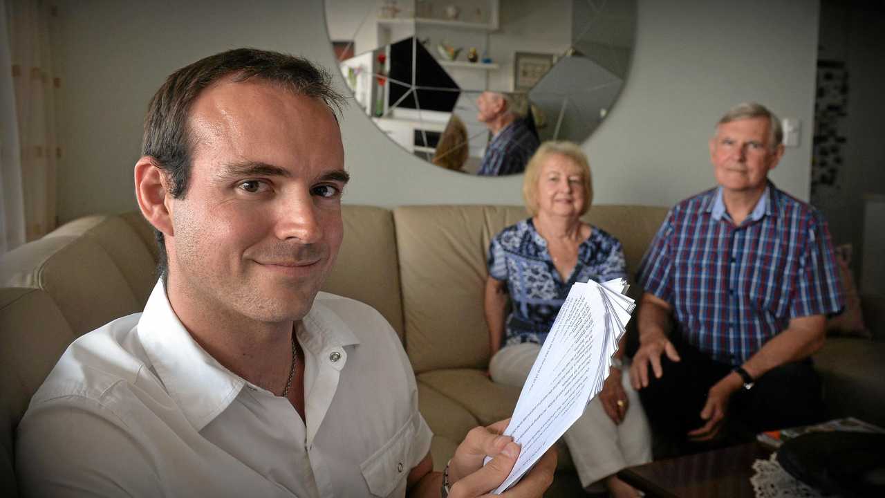 Colin and Heather Mildwaters and their son, Grant, have been letterbox dropping their story of their gay son Grant around the Coast in a bid to get people to vote yes in the same sex marriage plebiscite. Picture: Patrick Woods