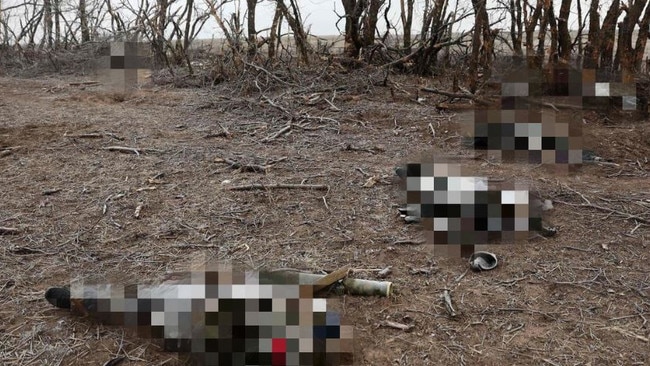 The bodies of Russian soldiers lie on the ground. Picture: AFP