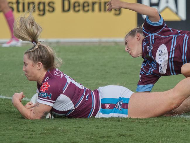 Makenzie Weale goes over the try line to draw first blood against the Capras for her Cutters BMD womens game April1, 2023. Picture: Marty Strecker