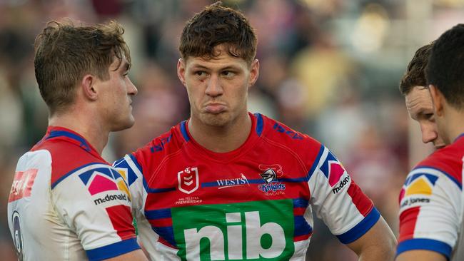 Newcastle star fullback Kalyn Ponga has been ruled out for at least two weeks after suffering an abductor strain in a major blow to the Knights. Picture: AAP Image/Steve Christon.