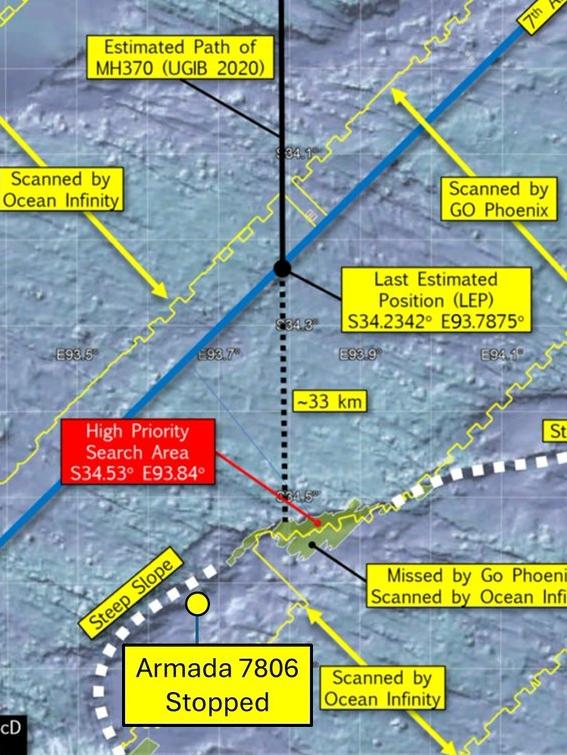 Graphic by MH370 researcher Victor Iannello of the search site, including the location of Ocean Infinity vessel Armada 7806. Source: X (Twitter)