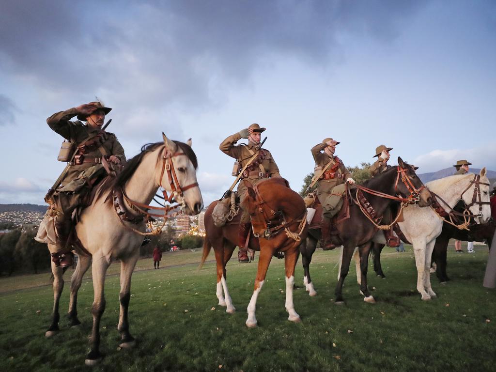 C squadron, 3rd Lighthorse Regiment, Historic Troop at the Anzac Day dawn service at the Hobart cenotaph. Picture: PATRICK GEE