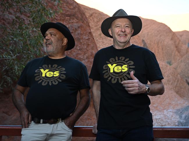 Prime Minister Anthony Albanese, with prominent lawyer and indigenous leader Noel Pearson, at Uluru National Park before the 2023 Voice to Parliament Australian referendum. Picture: NCA NewsWire/Martin Ollman