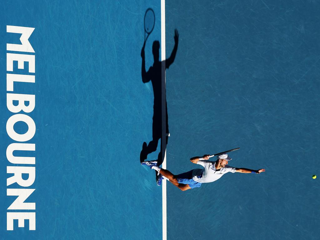 Novak Djokovic serves in the quarterfinals against Taylor Fritz at the 2024 Australian Open. Picture: Julian Finney/Getty Images