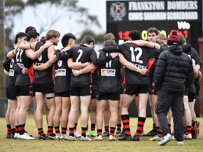 MPNFL Division One Seniors football, Round 12. Frankston Bombers vs Rosebud at Baxter Park Frankston South, Victoria, Saturday 29th June 2024. Bombers pre game huddle. Picture: Andrew Batsch