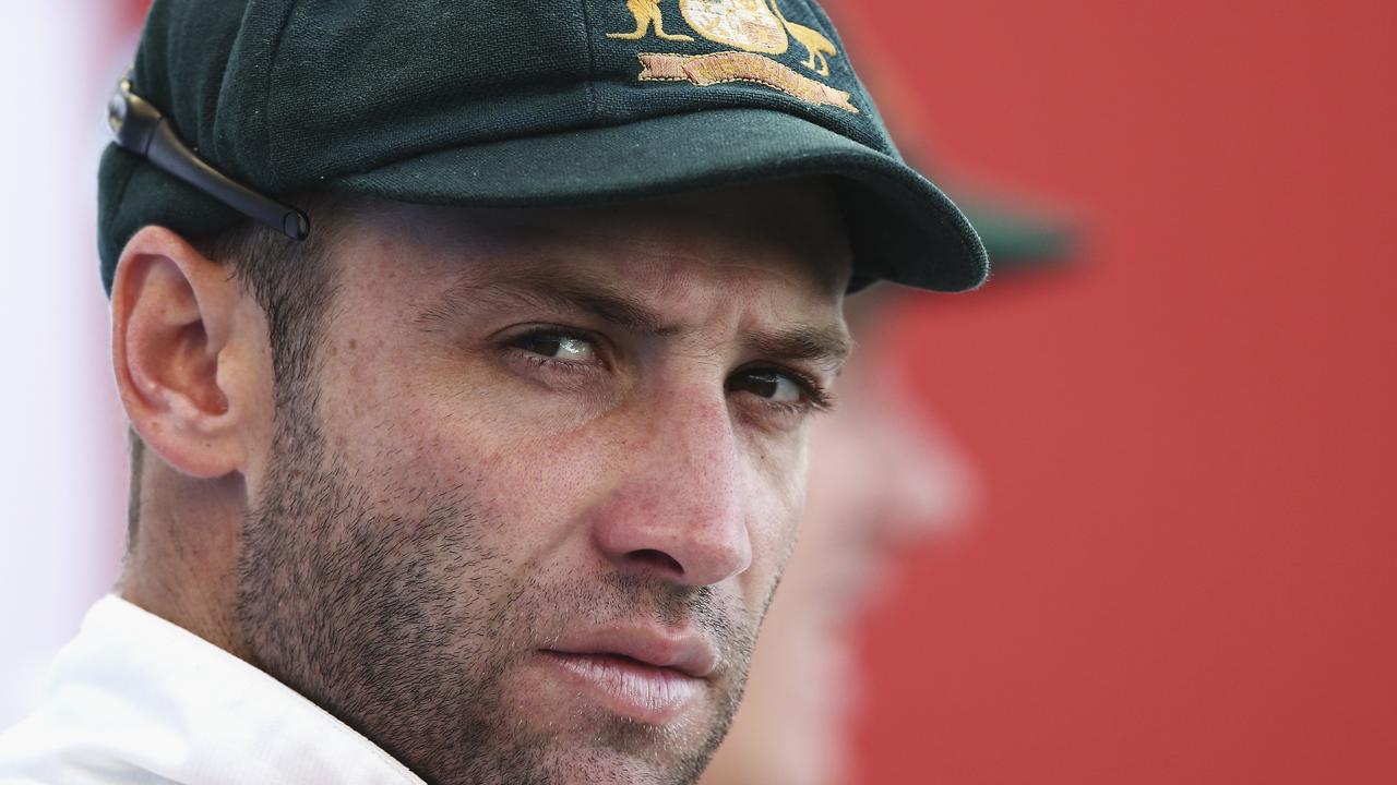 DUBAI, UNITED ARAB EMIRATES - OCTOBER 26: Phil Hughes of Australia looks on during Day Five of the First Test between Pakistan and Australia at Dubai International Stadium on October 26, 2014 in Dubai, United Arab Emirates. (Photo by Ryan Pierse/Getty Images)