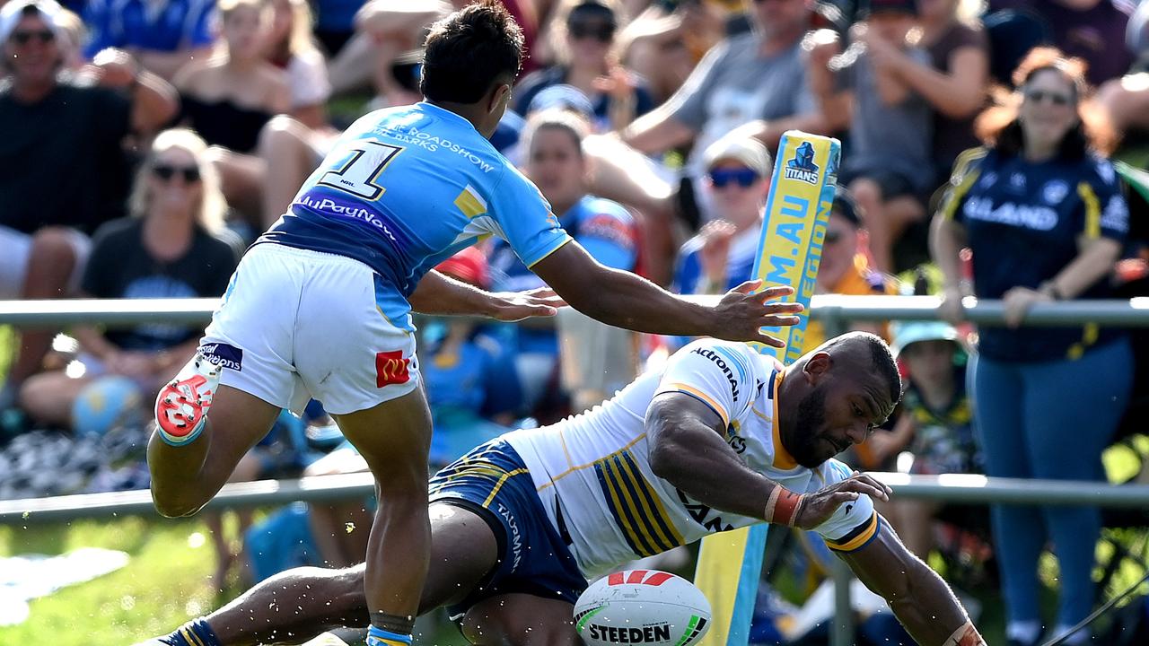 Maika Sivo could miss the opening month of the NRL season after the Eels winger was charged for a high shot on AJ Brimson. Picture: Bradley Kanaris/Getty Images